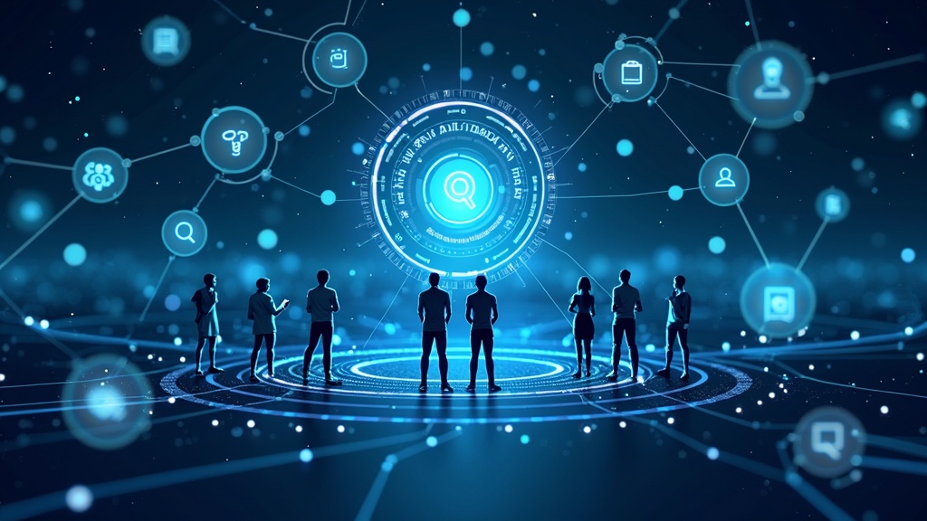 A vibrant, tech-inspired illustration showing futuristic digital job networks and AI technology symbols connecting Ugandan youth to jobs and skills.